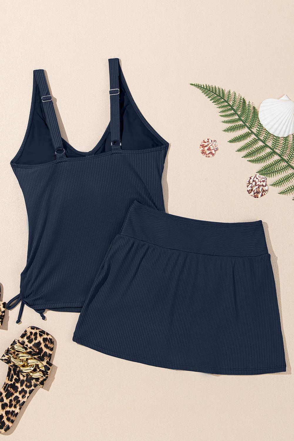 Solid Ribbed Knit Tankini & Skort Swim Set
