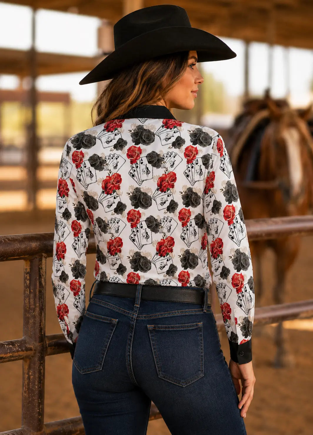 Ace Of Roses Satin Button Up Rodeo Shirt Blouse
