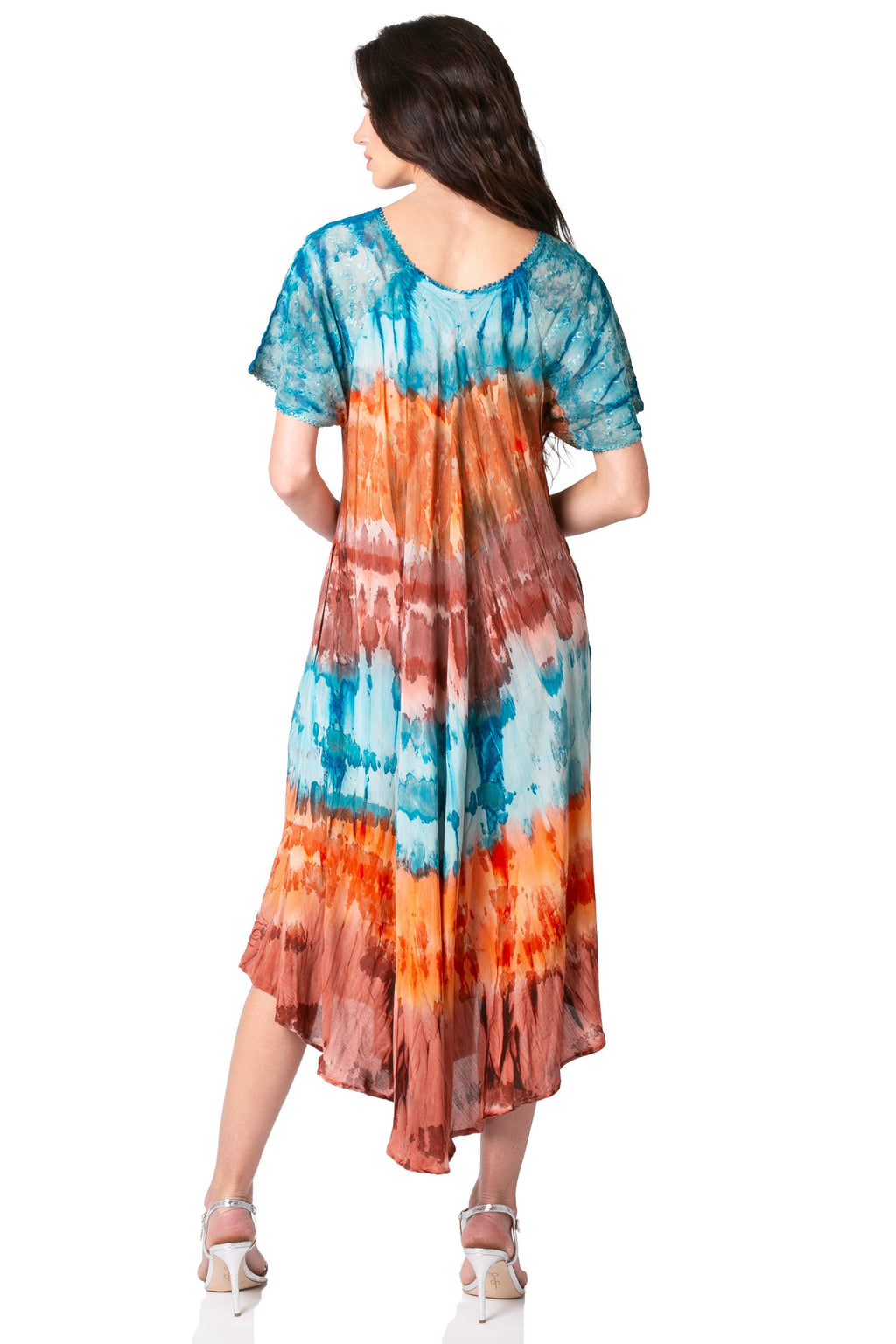 Sakkas Sula Long Laced Tie-Dye Wide Neck Embroidered Boho Sundress Cover Up