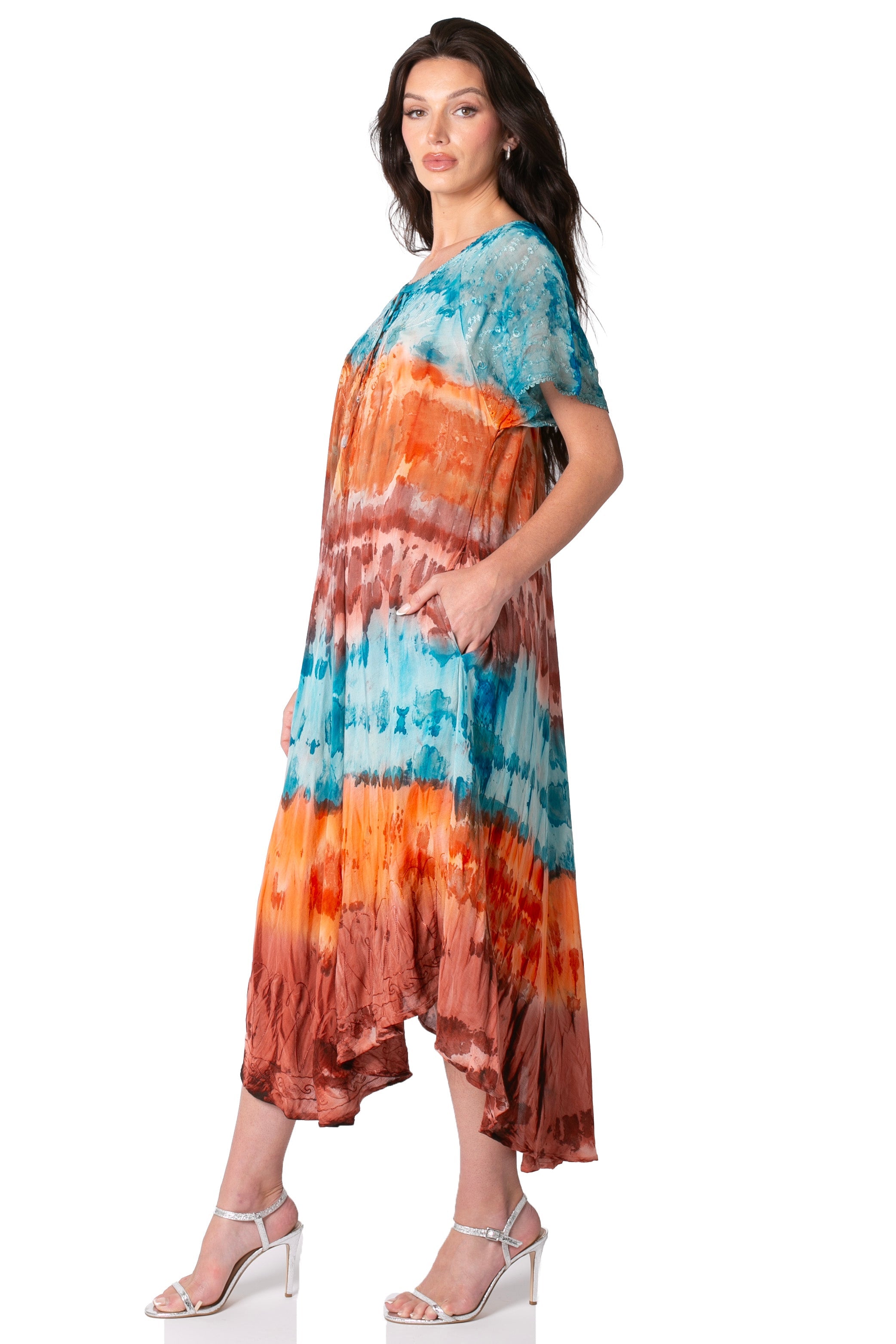 Sakkas Sula Long Laced Tie-Dye Wide Neck Embroidered Boho Sundress Cover Up