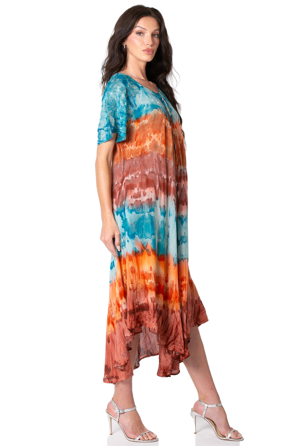 Sakkas Sula Long Laced Tie-Dye Wide Neck Embroidered Boho Sundress Cover Up