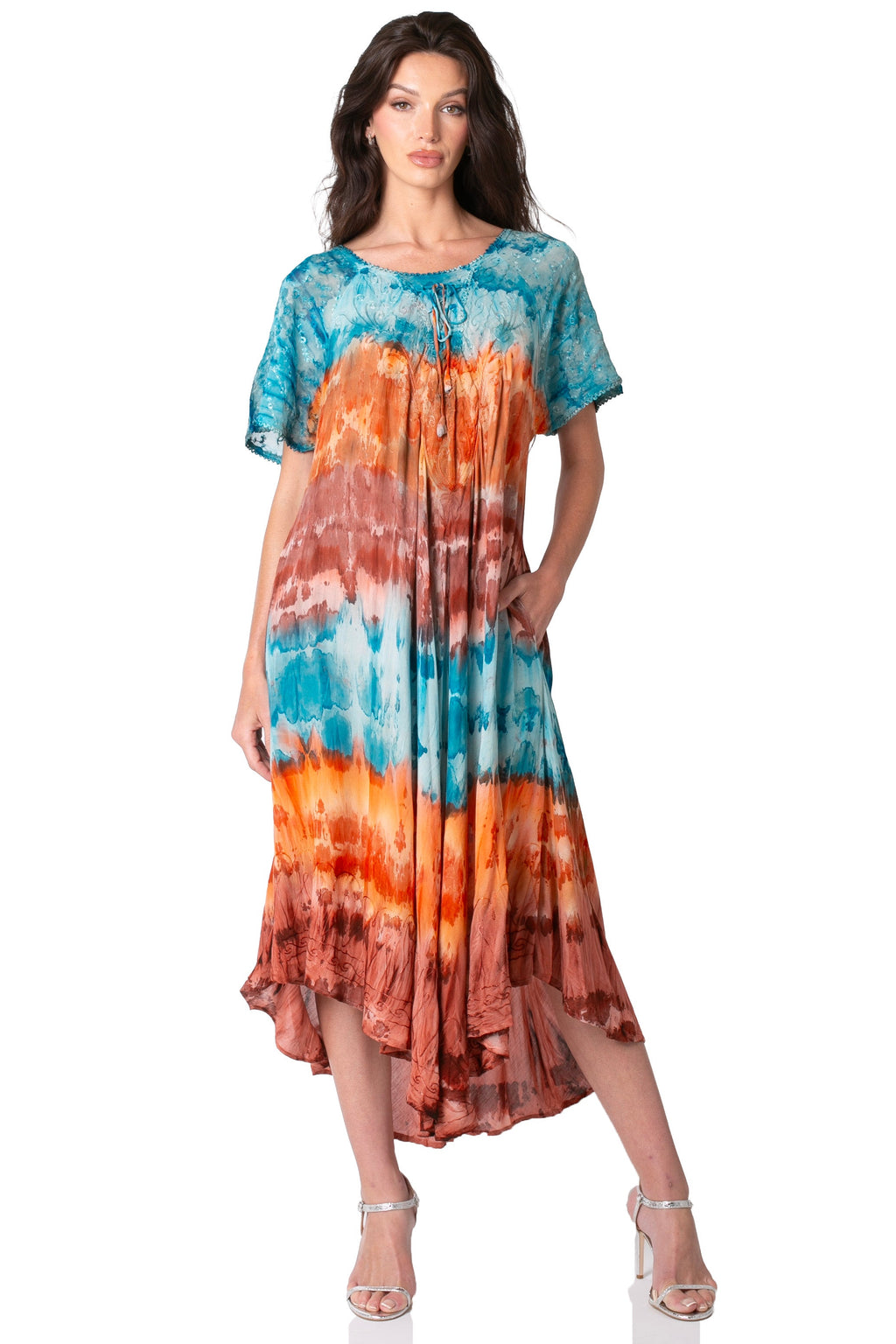 Sakkas Sula Long Laced Tie-Dye Wide Neck Embroidered Boho Sundress Cover Up