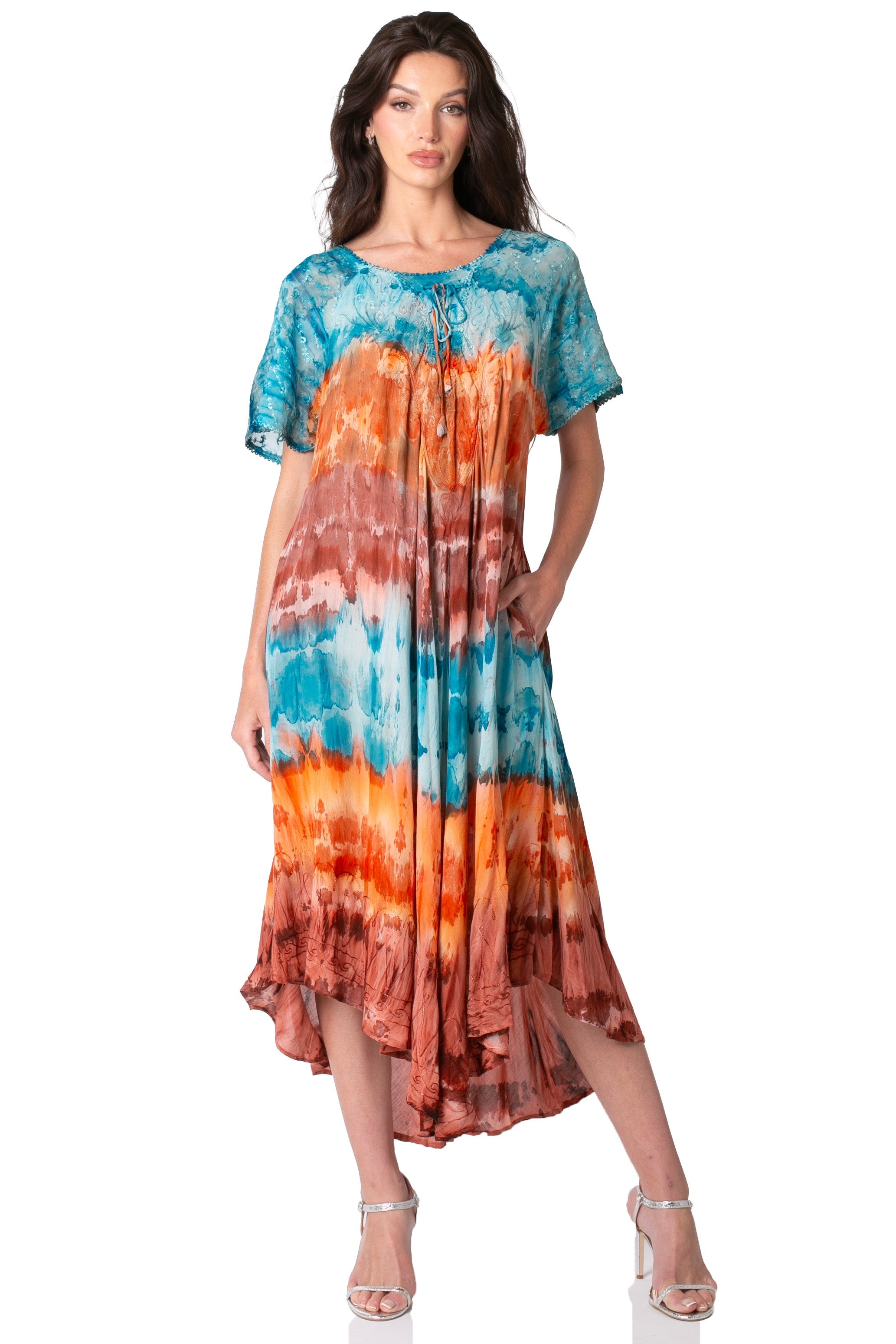 Sakkas Sula Long Laced Tie-Dye Wide Neck Embroidered Boho Sundress Cover Up