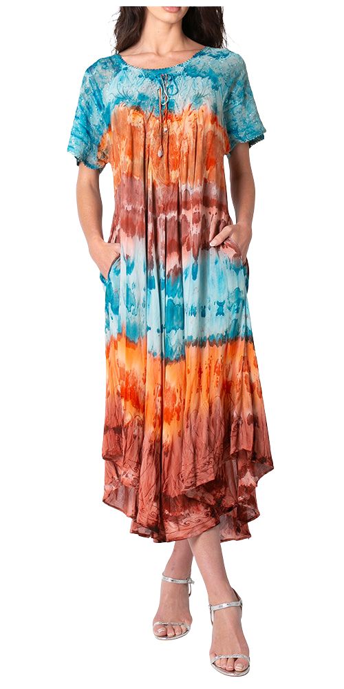Sakkas Sula Long Laced Tie-Dye Wide Neck Embroidered Boho Sundress Cover Up
