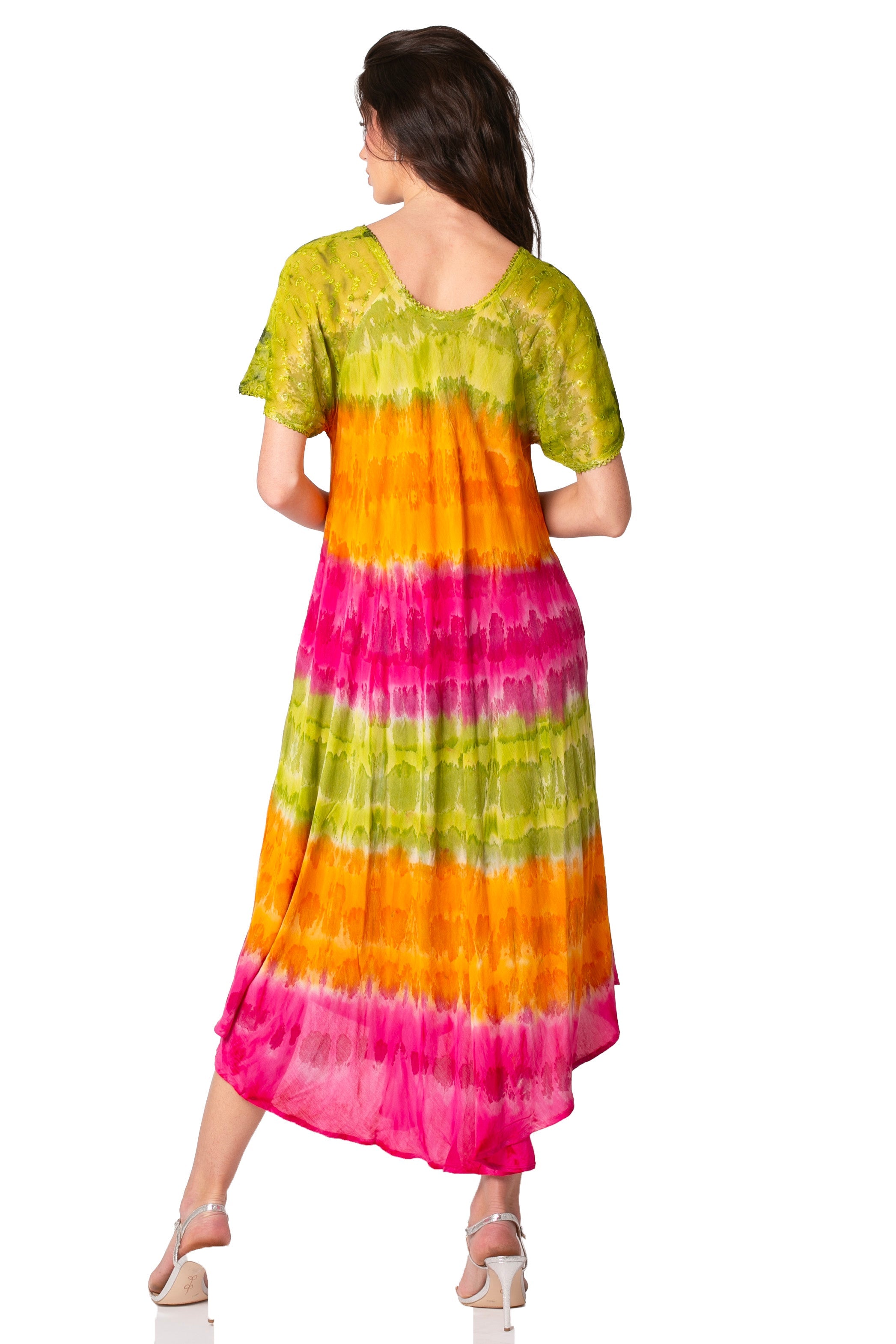 Sakkas Sula Long Laced Tie-Dye Wide Neck Embroidered Boho Sundress Cover Up