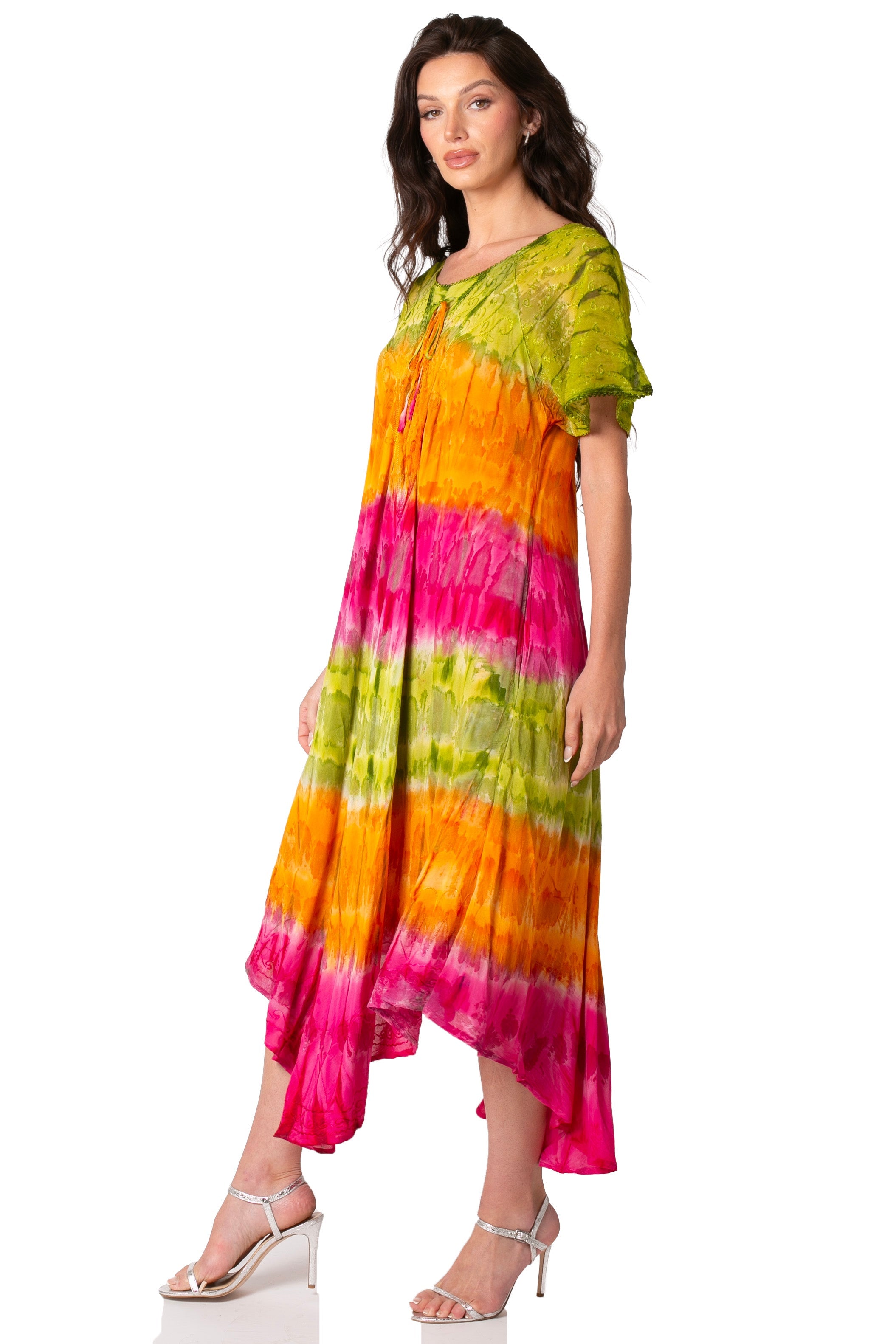 Sakkas Sula Long Laced Tie-Dye Wide Neck Embroidered Boho Sundress Cover Up