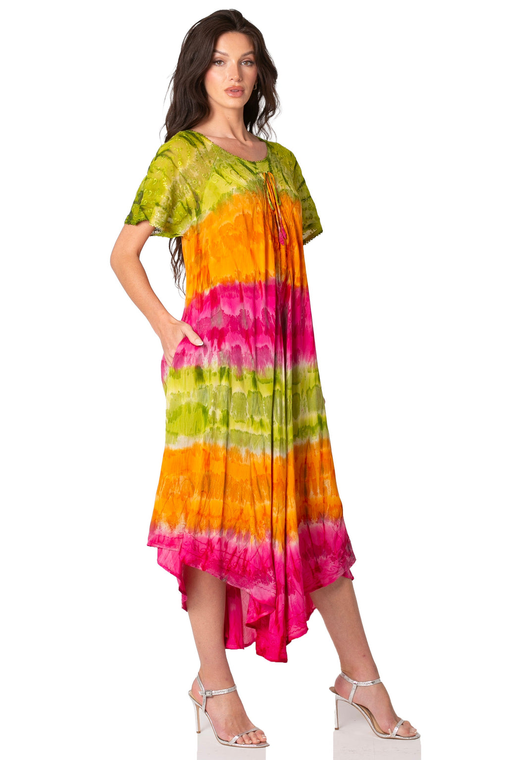 Sakkas Sula Long Laced Tie-Dye Wide Neck Embroidered Boho Sundress Cover Up
