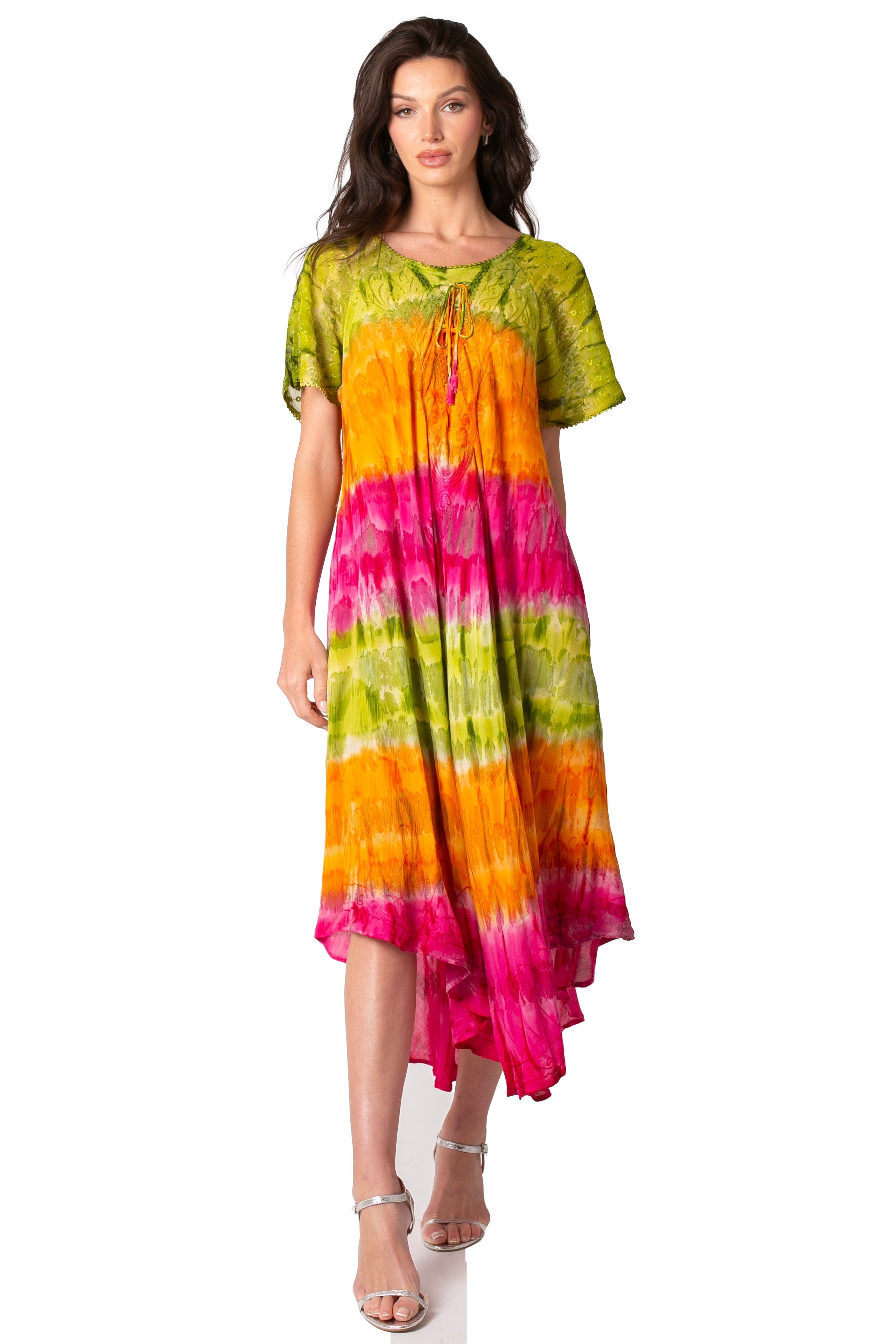 Sakkas Sula Long Laced Tie-Dye Wide Neck Embroidered Boho Sundress Cover Up