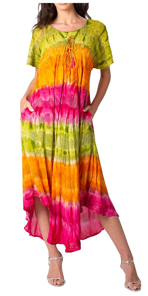Sakkas Sula Long Laced Tie-Dye Wide Neck Embroidered Boho Sundress Cover Up