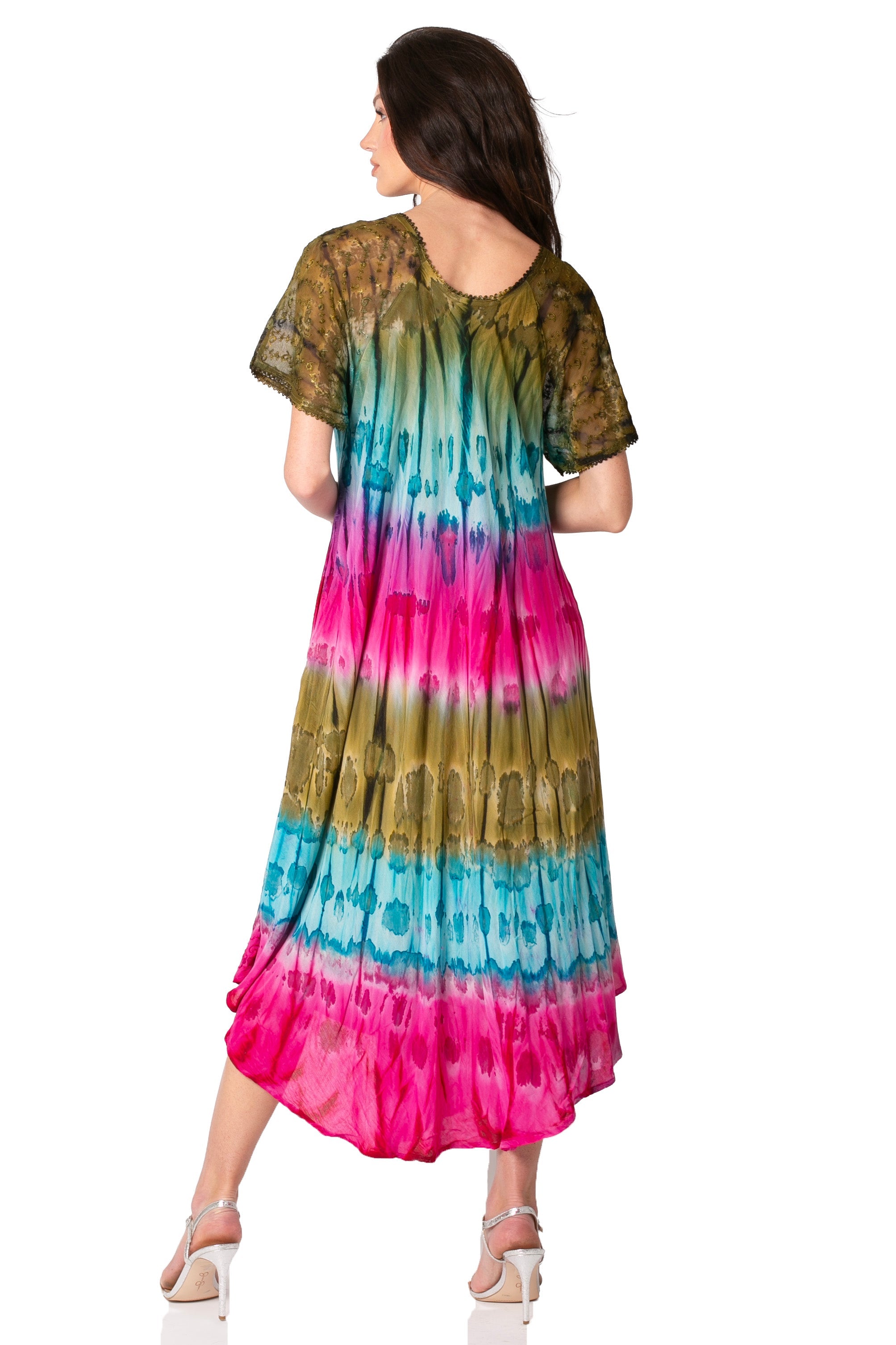 Sakkas Sula Long Laced Tie-Dye Wide Neck Embroidered Boho Sundress Cover Up