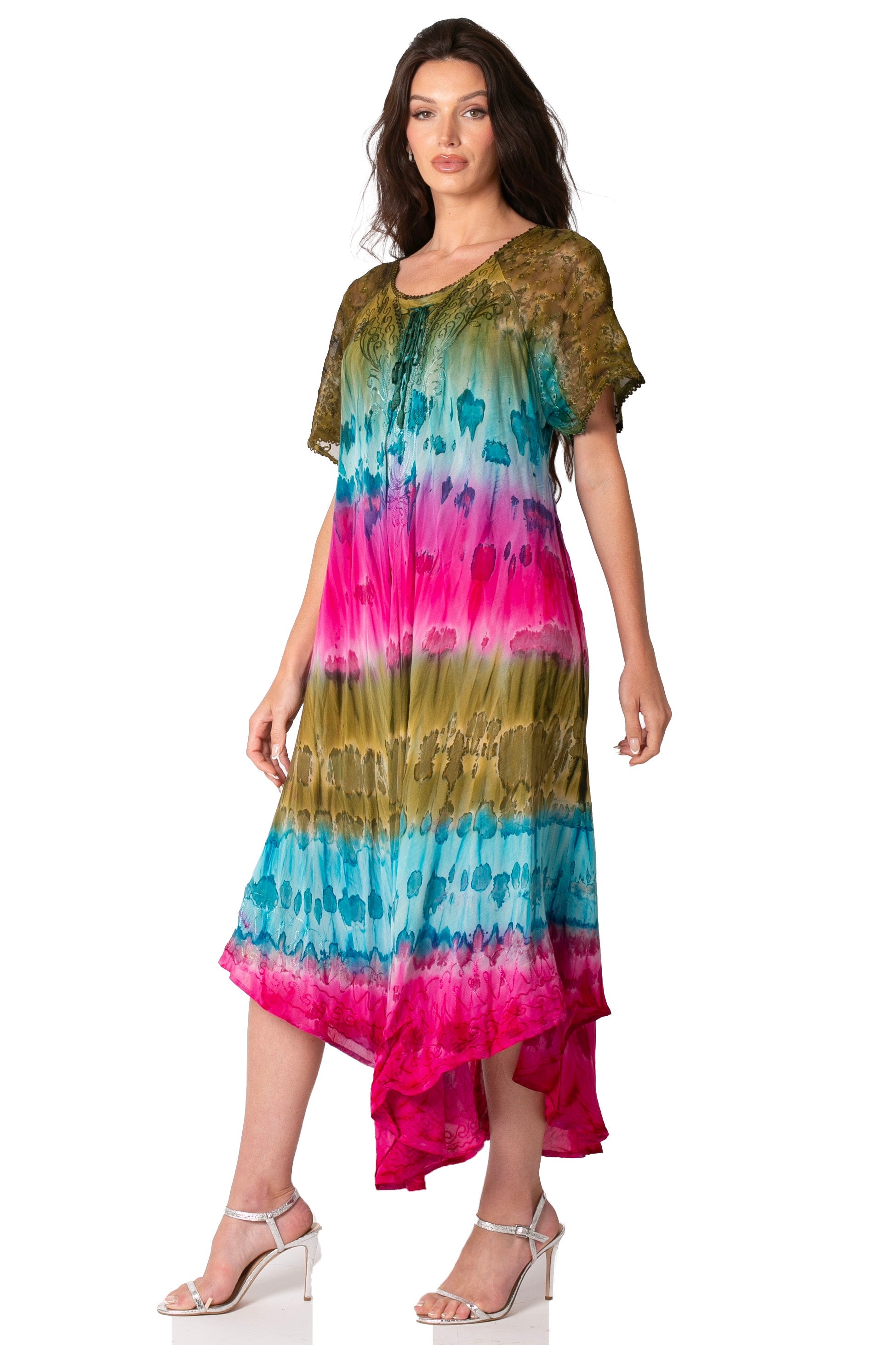 Sakkas Sula Long Laced Tie-Dye Wide Neck Embroidered Boho Sundress Cover Up