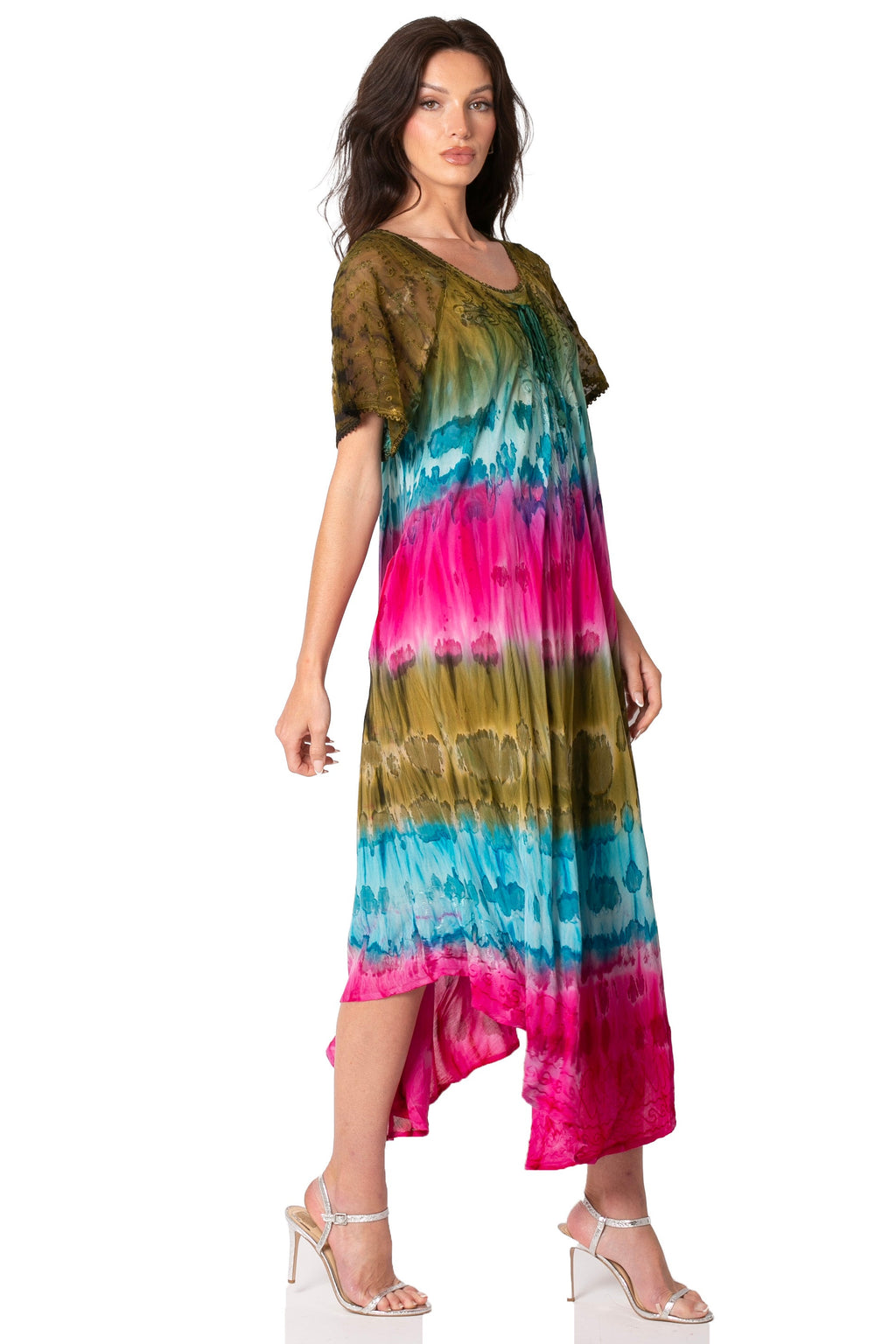 Sakkas Sula Long Laced Tie-Dye Wide Neck Embroidered Boho Sundress Cover Up