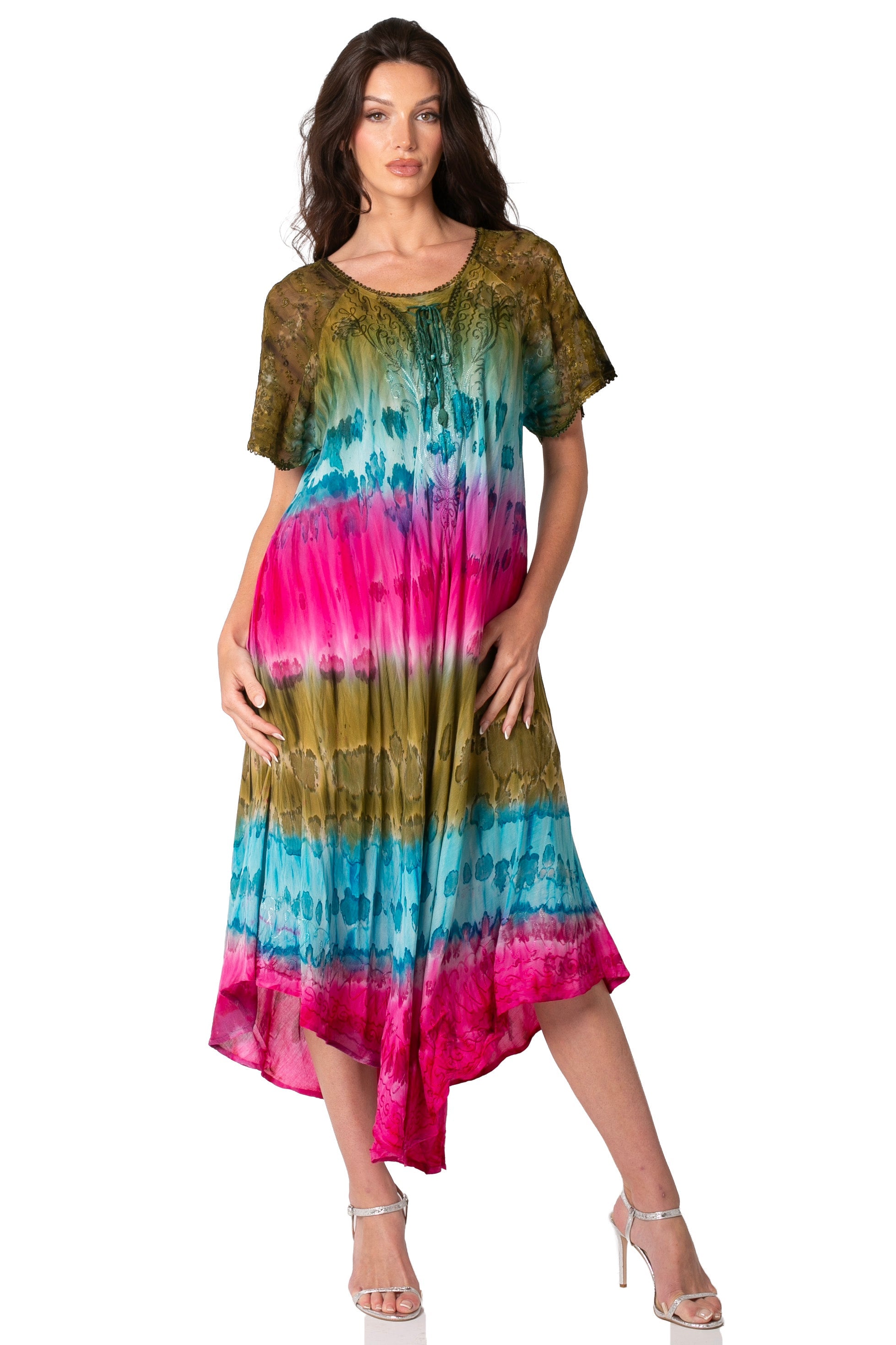Sakkas Sula Long Laced Tie-Dye Wide Neck Embroidered Boho Sundress Cover Up