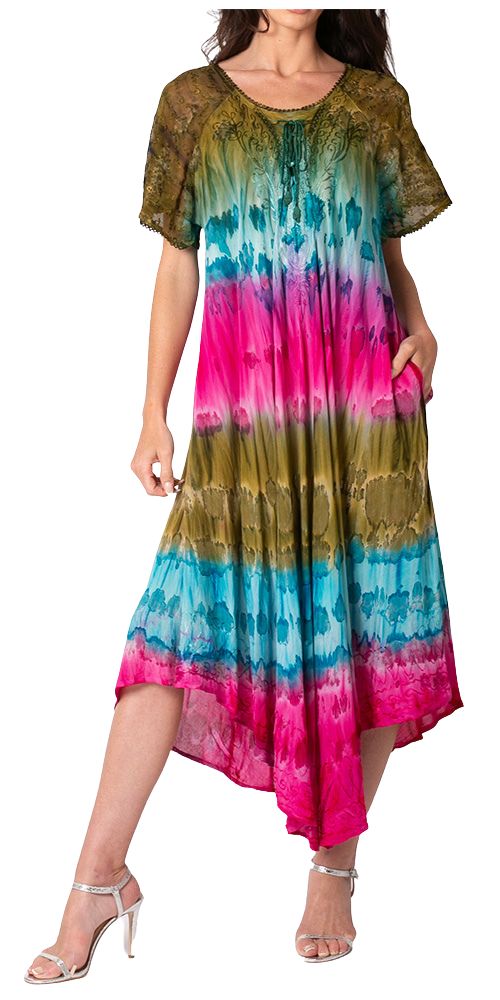 Sakkas Sula Long Laced Tie-Dye Wide Neck Embroidered Boho Sundress Cover Up