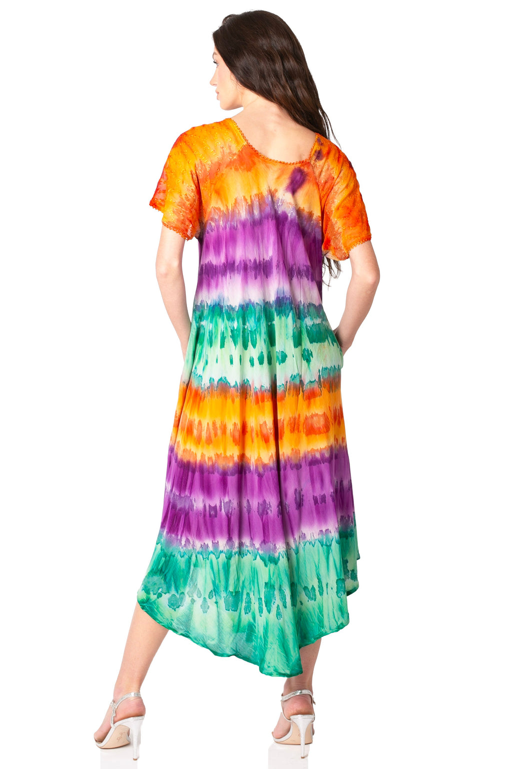 Sakkas Sula Long Laced Tie-Dye Wide Neck Embroidered Boho Sundress Cover Up