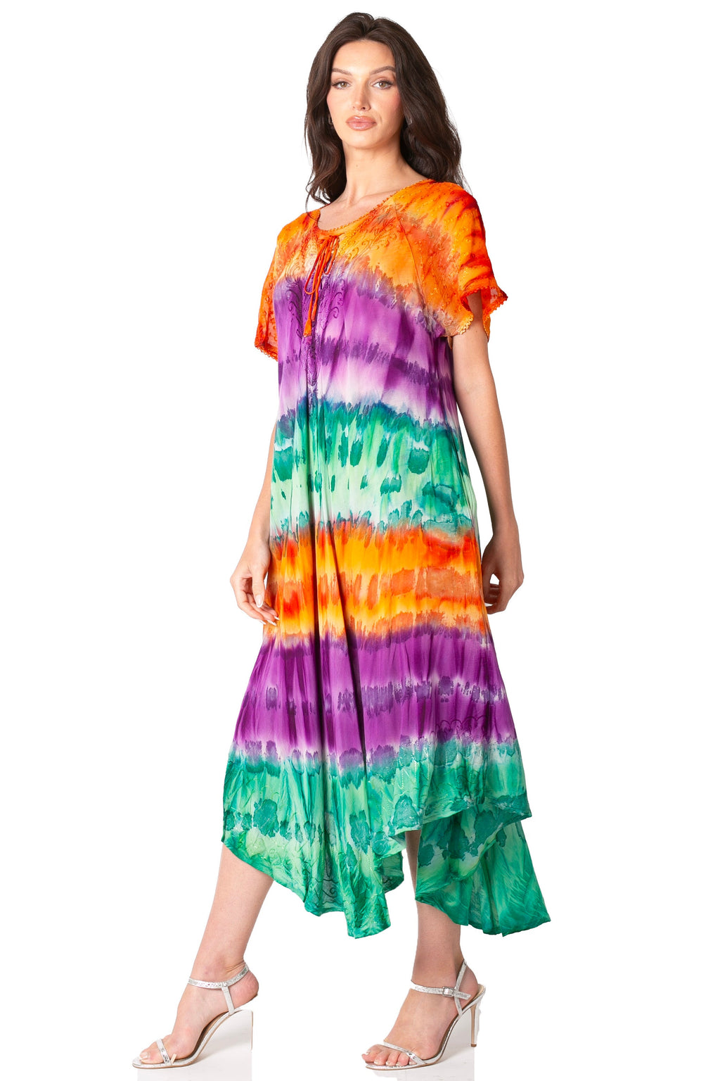 Sakkas Sula Long Laced Tie-Dye Wide Neck Embroidered Boho Sundress Cover Up