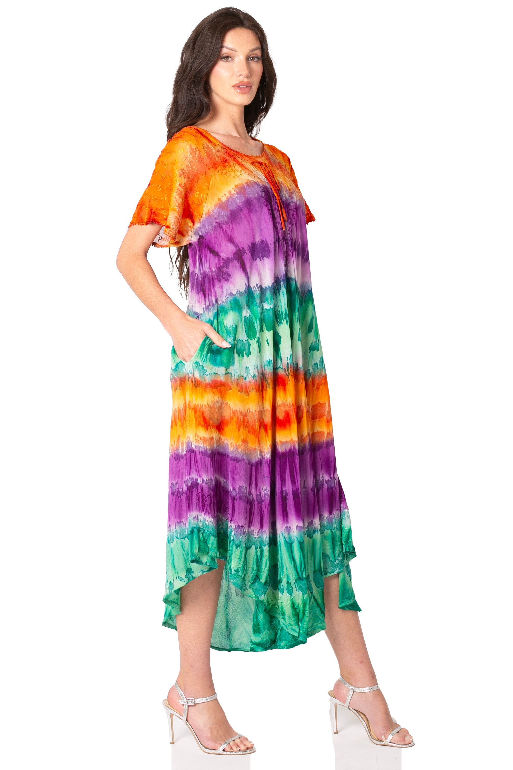 Sakkas Sula Long Laced Tie-Dye Wide Neck Embroidered Boho Sundress Cover Up