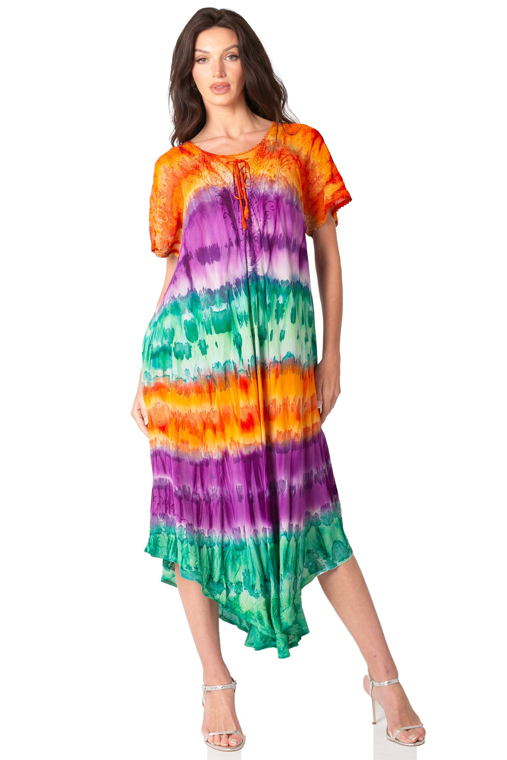Sakkas Sula Long Laced Tie-Dye Wide Neck Embroidered Boho Sundress Cover Up