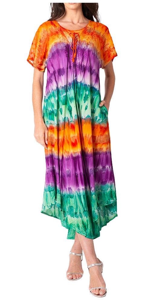 Sakkas Sula Long Laced Tie-Dye Wide Neck Embroidered Boho Sundress Cover Up