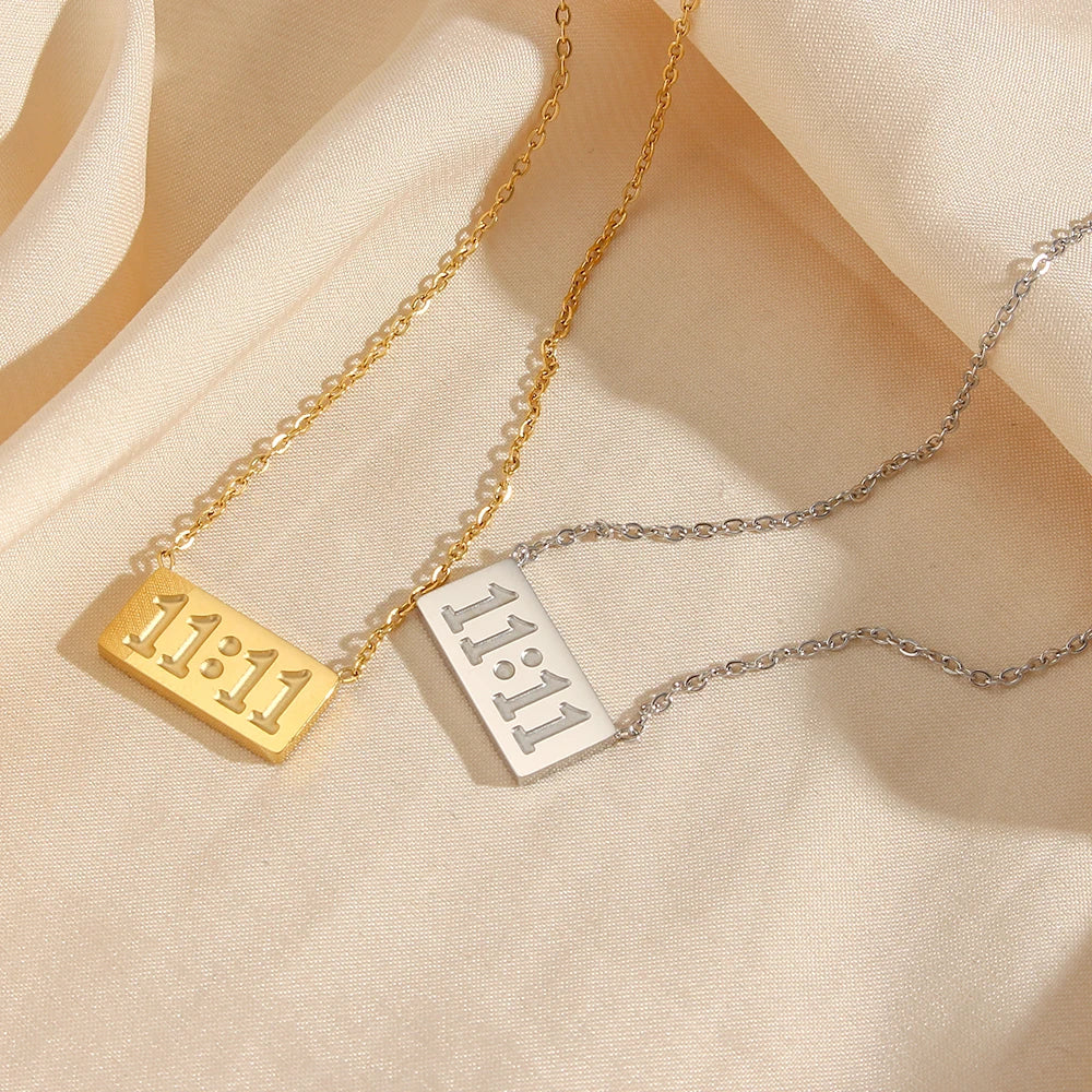 11:11 Make a wish Square Pendant Necklace for Woman Stainless Steel Gold Silver Color Necklace