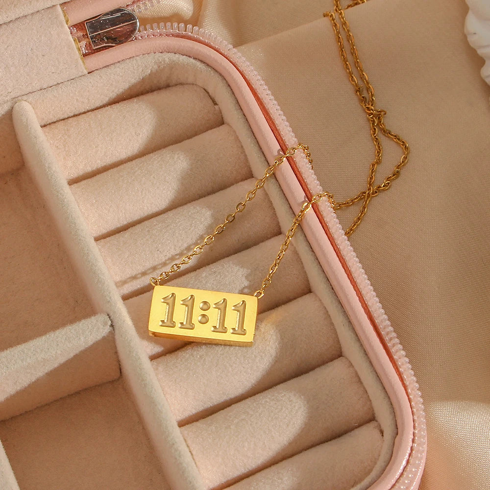 11:11 Make a wish Square Pendant Necklace for Woman Stainless Steel Gold Silver Color Necklace