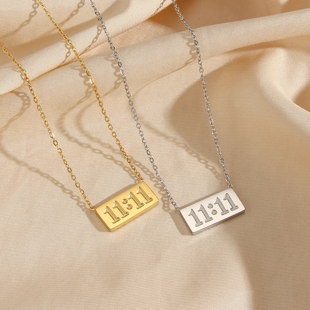 11:11 Make a wish Square Pendant Necklace for Woman Stainless Steel Gold Silver Color Necklace