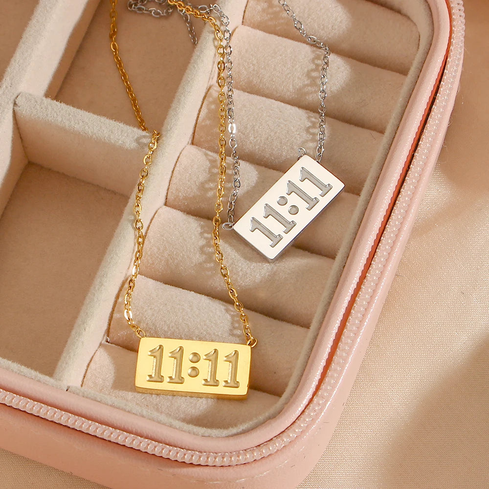 11:11 Make a wish Square Pendant Necklace for Woman Stainless Steel Gold Silver Color Necklace