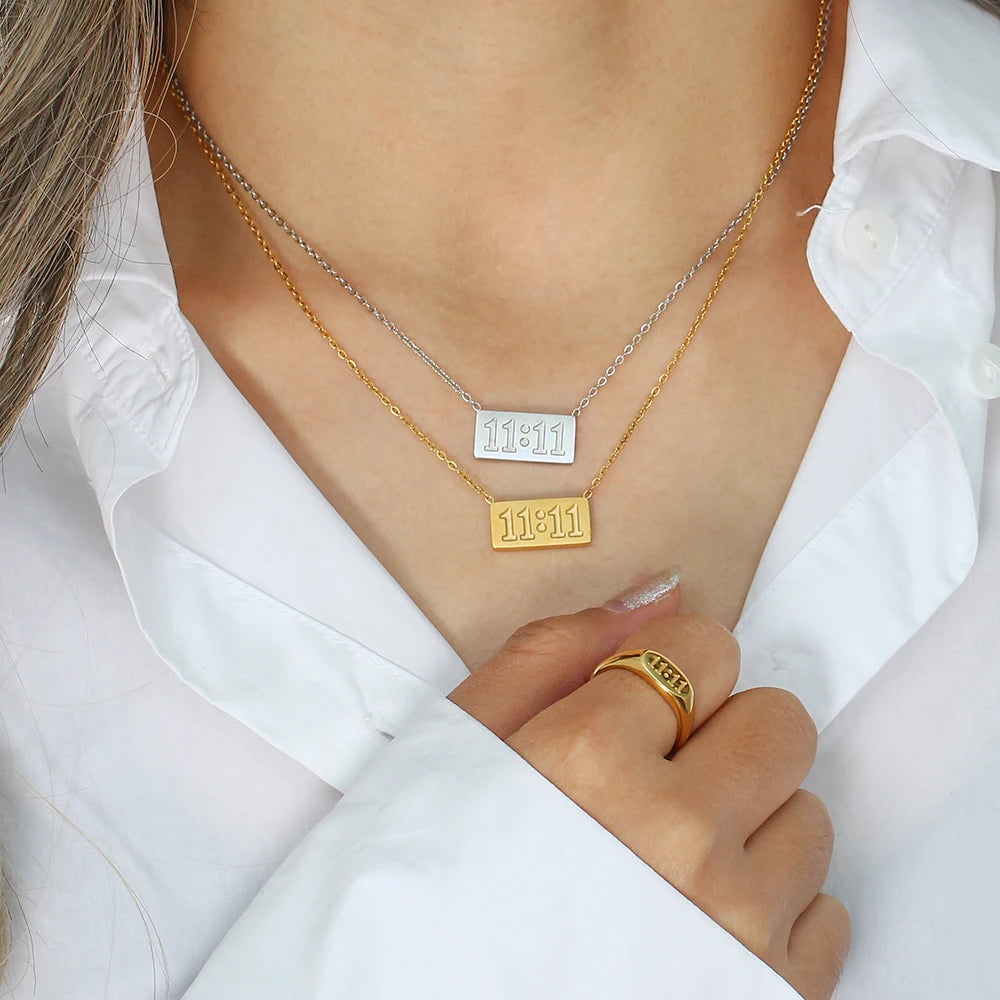 11:11 Make a wish Square Pendant Necklace for Woman Stainless Steel Gold Silver Color Necklace