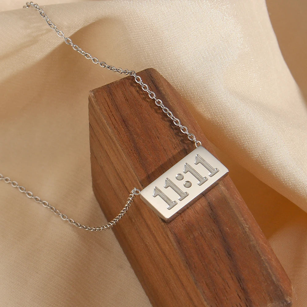 11:11 Make a wish Square Pendant Necklace for Woman Stainless Steel Gold Silver Color Necklace