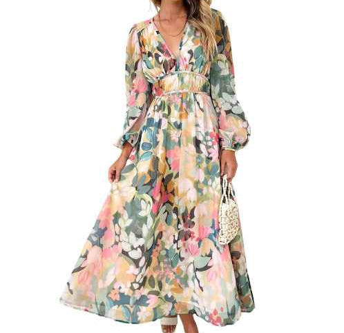 Bohemian female Long Lantern Sleeves Dress-Boho deep V printing high waist casual dress for women