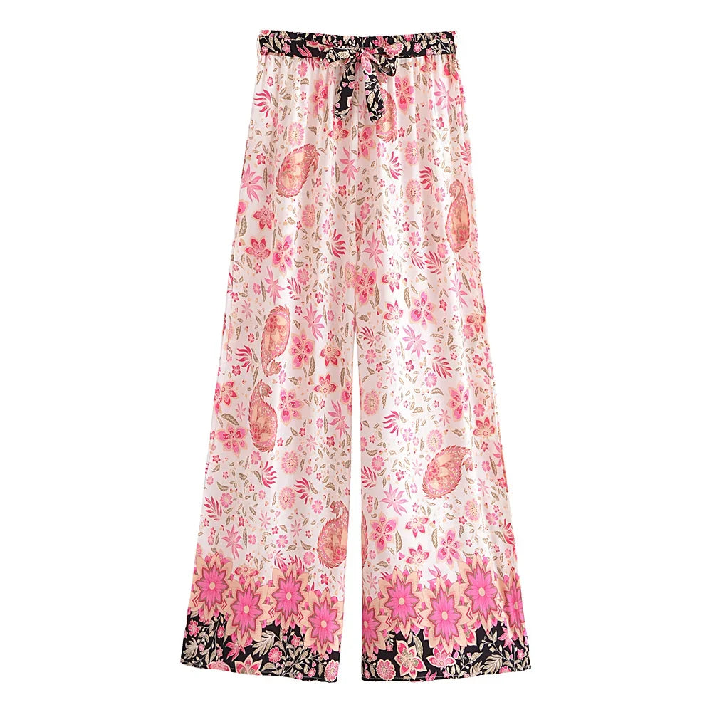 Boho Queens Women Green Floral Print Bohemian Wide Leg Pants Lady Elastic Waist Loose Rayon Boho Long Pants Oversize Trousers