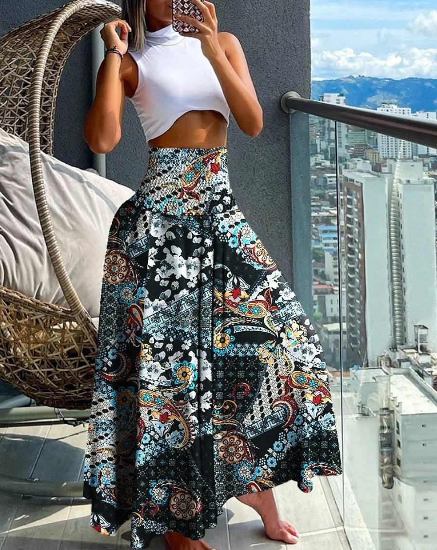 Women's High-Waist Boho Print Long Skirt – Flowy, Earthy & Free-Spirited