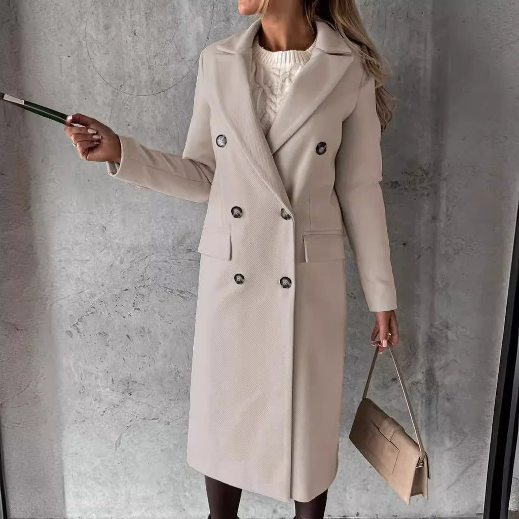 Women Wool Coats Long Jacket Double Breasted Turn Down Collar Woolen Overcoat Autumn Winter Vintage Office Lady Outerwear