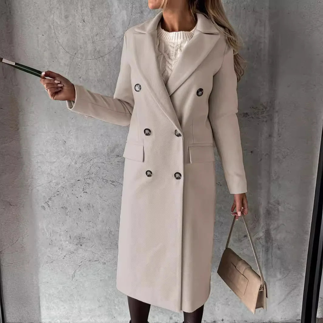 Women Wool Coats Long Jacket Double Breasted Turn Down Collar Woolen Overcoat Autumn Winter Vintage Office Lady Outerwear