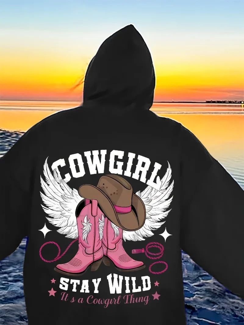 Western Chic Cowgirl Hoodie Long Sleeve Pullover Sweatshirt with Hood Embroidered Cowboy Hat and Boot Casual  Relaxed Fit