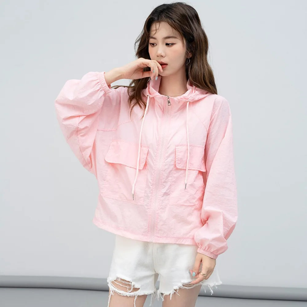 Solid Color Thin Sunscreen Clothing Anti UV Sun-Protective Leisure Hooded Outwear Quick Dry Loose Windbreaker Summer