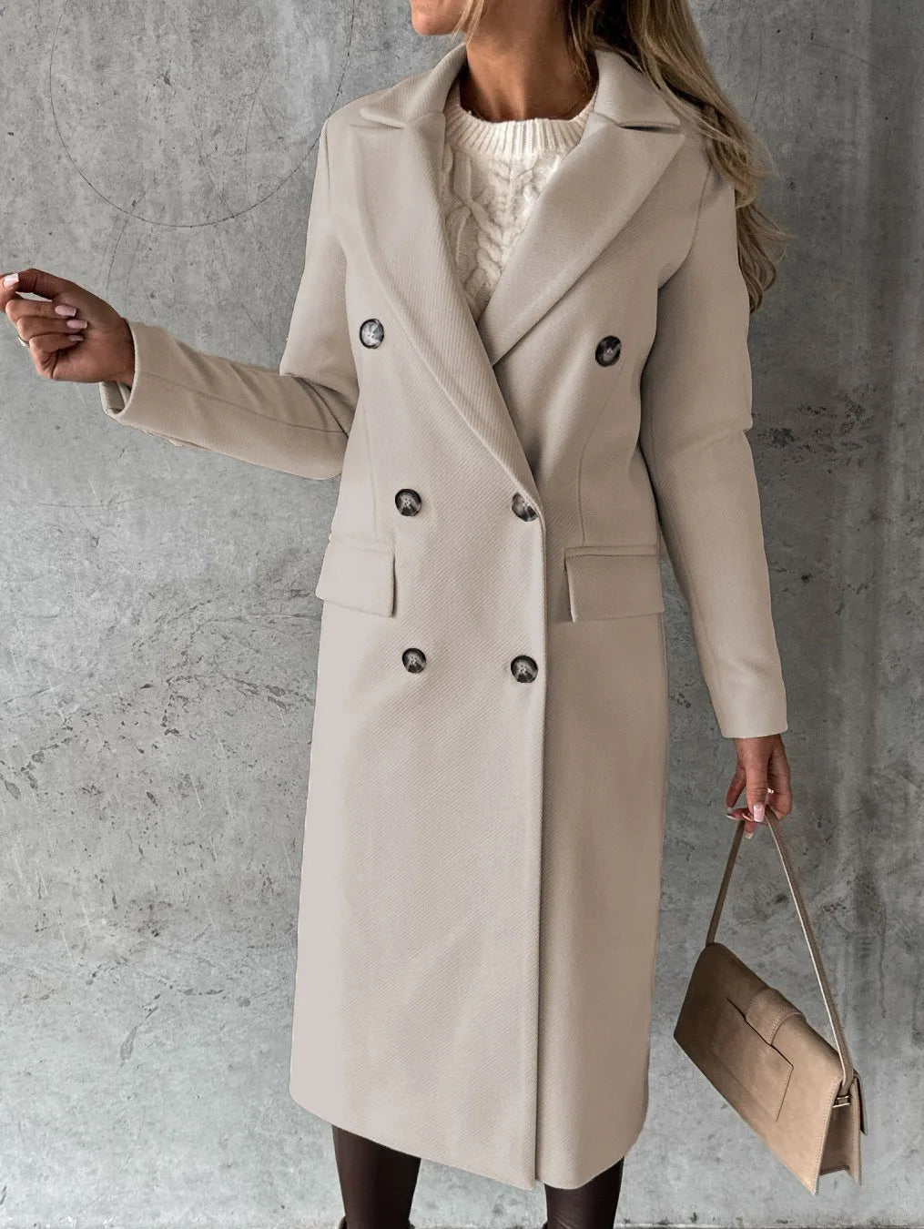 Women Wool Coats Long Jacket Double Breasted Turn Down Collar Woolen Overcoat Autumn Winter Vintage Office Lady Outerwear
