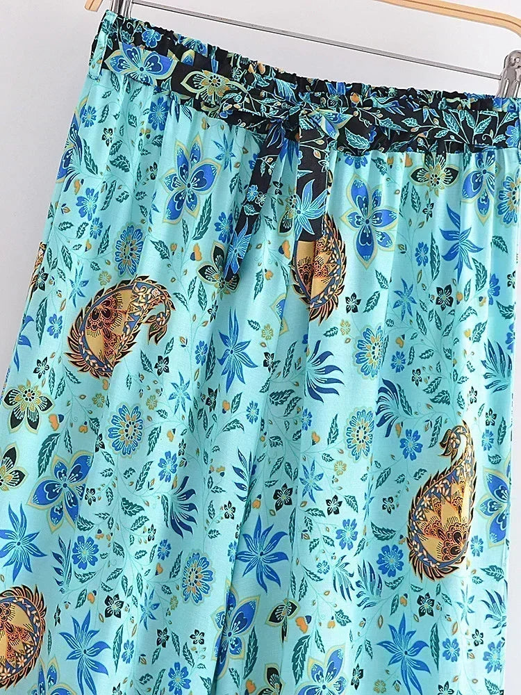 Boho Queens Women Green Floral Print Bohemian Wide Leg Pants Lady Elastic Waist Loose Rayon Boho Long Pants Oversize Trousers