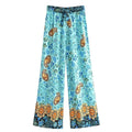 Boho Queens Women Green Floral Print Bohemian Wide Leg Pants Lady Elastic Waist Loose Rayon Boho Long Pants Oversize Trousers
