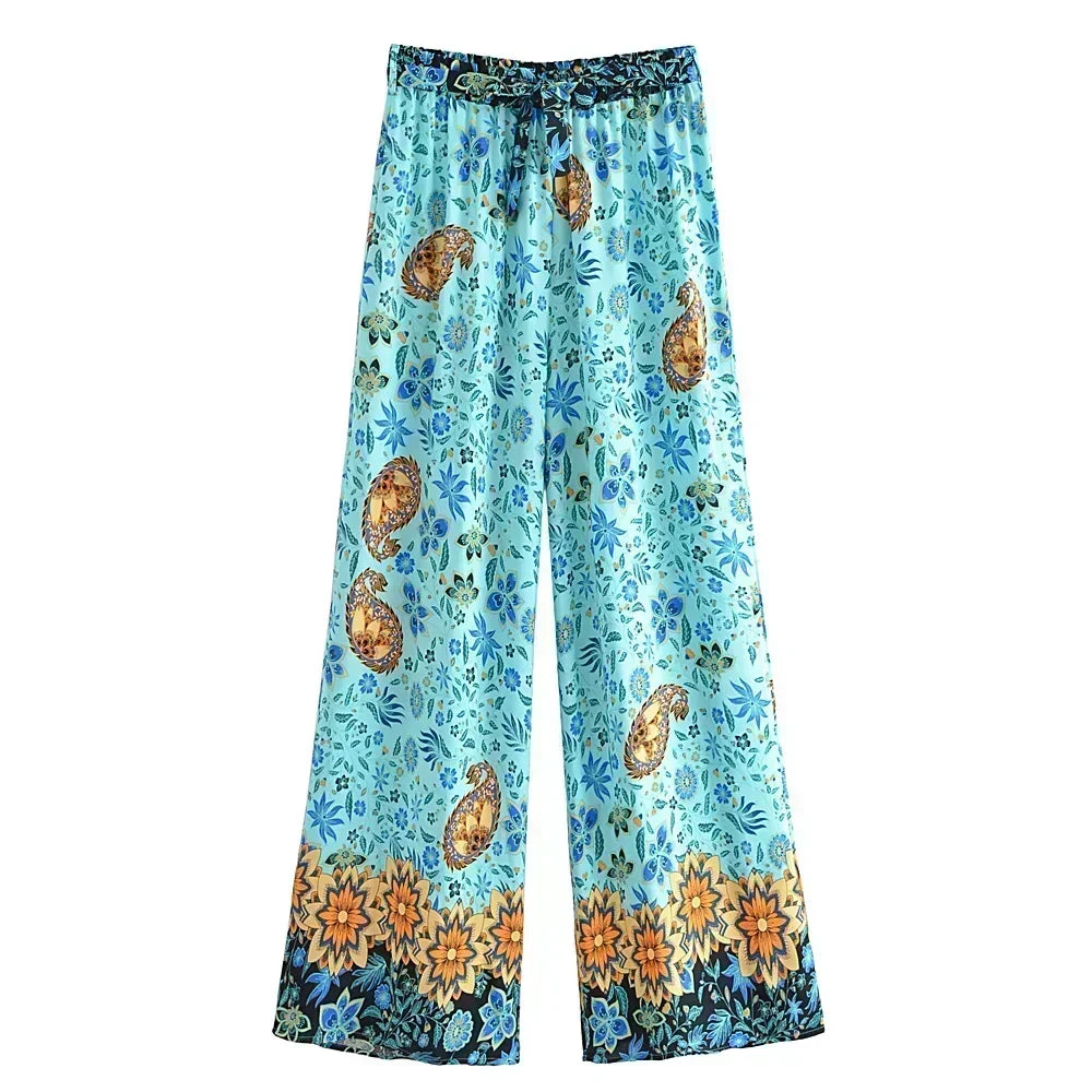 Boho Queens Women Green Floral Print Bohemian Wide Leg Pants Lady Elastic Waist Loose Rayon Boho Long Pants Oversize Trousers
