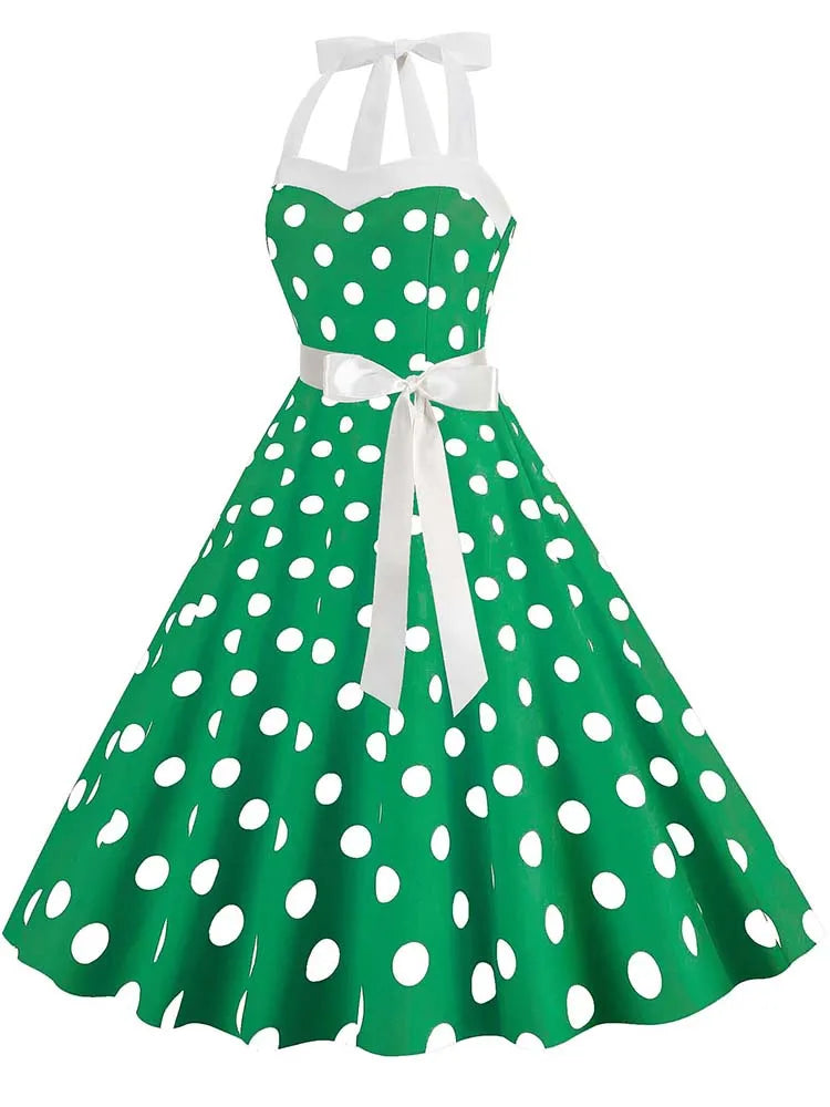 Women's Vintage Polka Dot Party Dress with Belt – 50s/60s Retro Charm
