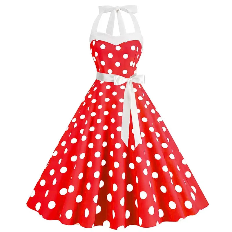 Women's Vintage Polka Dot Party Dress with Belt – 50s/60s Retro Charm