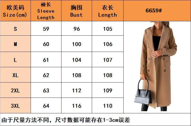 Women Wool Coats Long Jacket Double Breasted Turn Down Collar Woolen Overcoat Autumn Winter Vintage Office Lady Outerwear