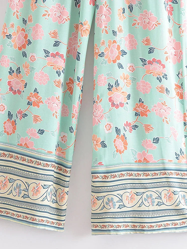 Boho Queens Women Green Floral Print Bohemian Wide Leg Pants Lady Elastic Waist Loose Rayon Boho Long Pants Oversize Trousers
