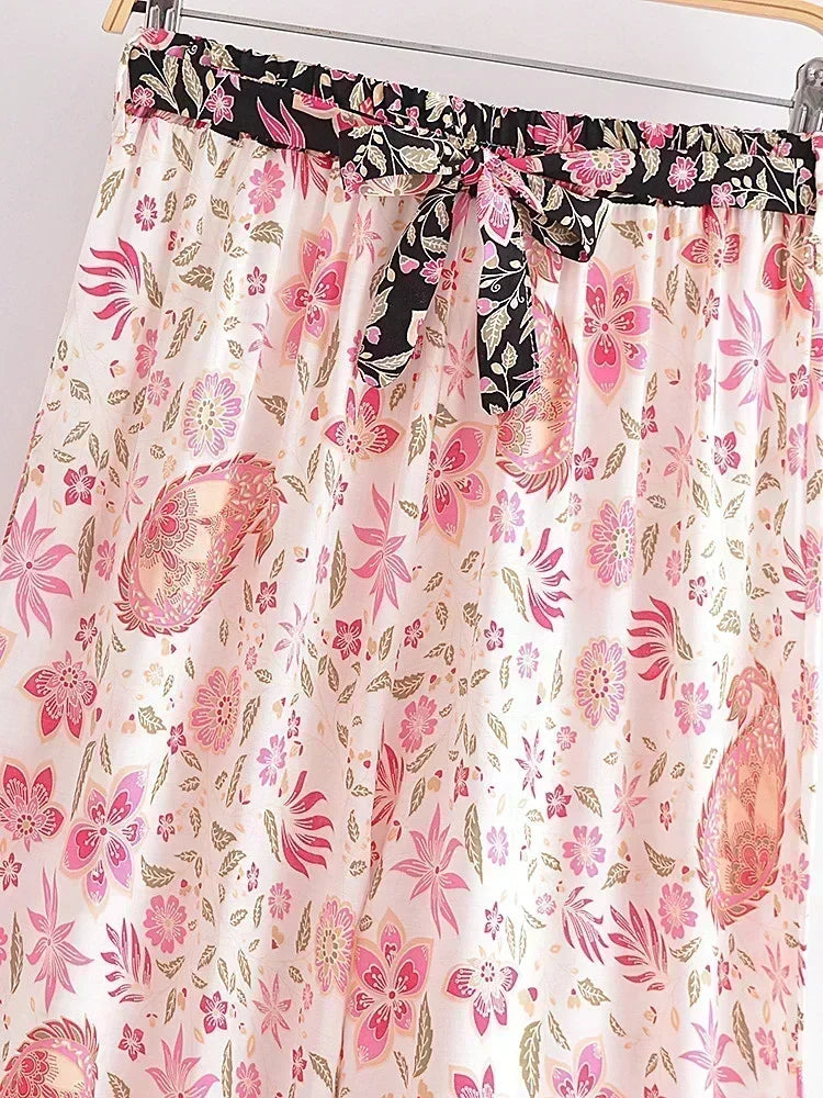 Boho Queens Women Green Floral Print Bohemian Wide Leg Pants Lady Elastic Waist Loose Rayon Boho Long Pants Oversize Trousers