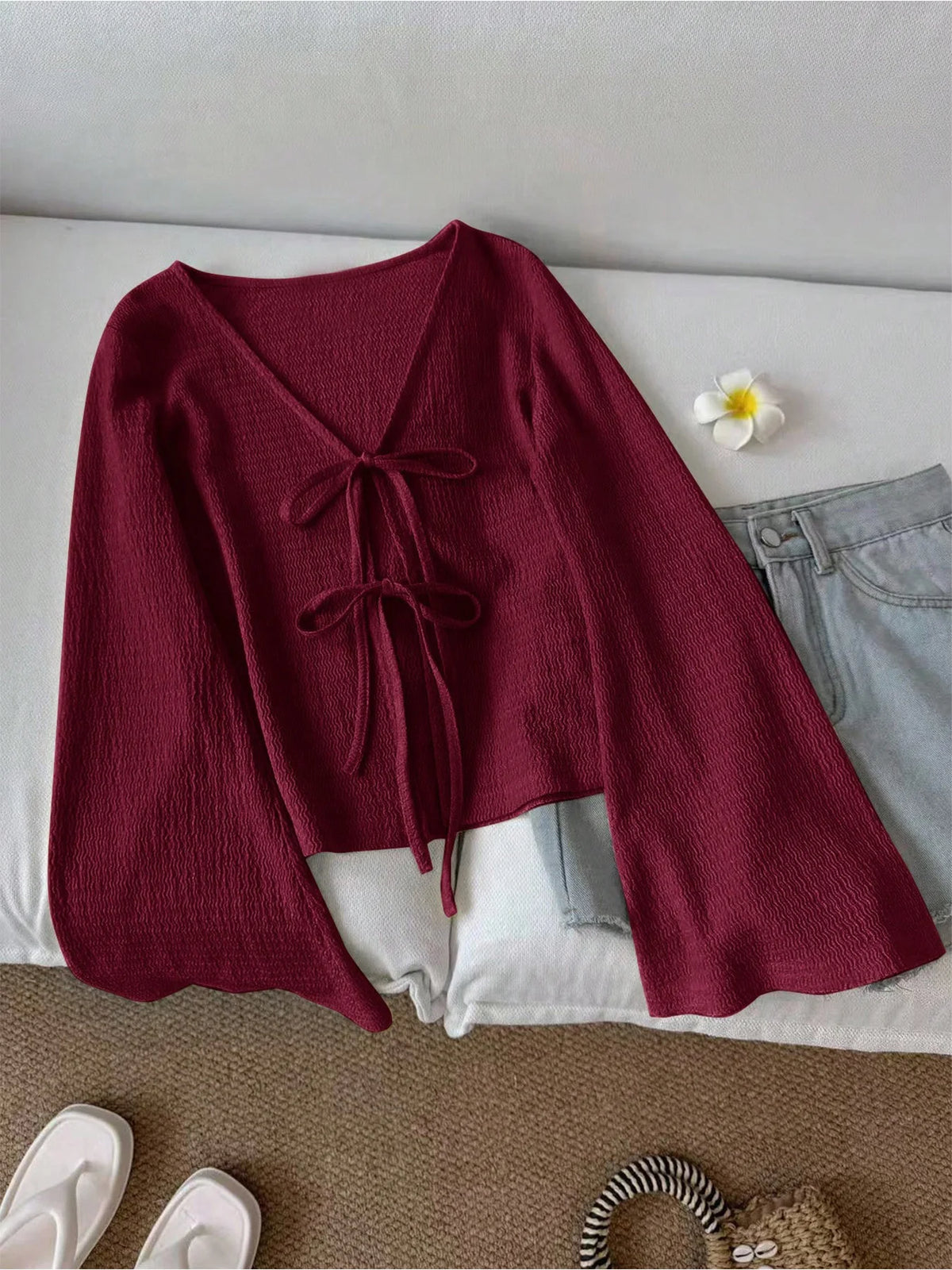 Women's Lace-Up Flared Sleeve Cardigan – Boho-Chic Open-Front Knit