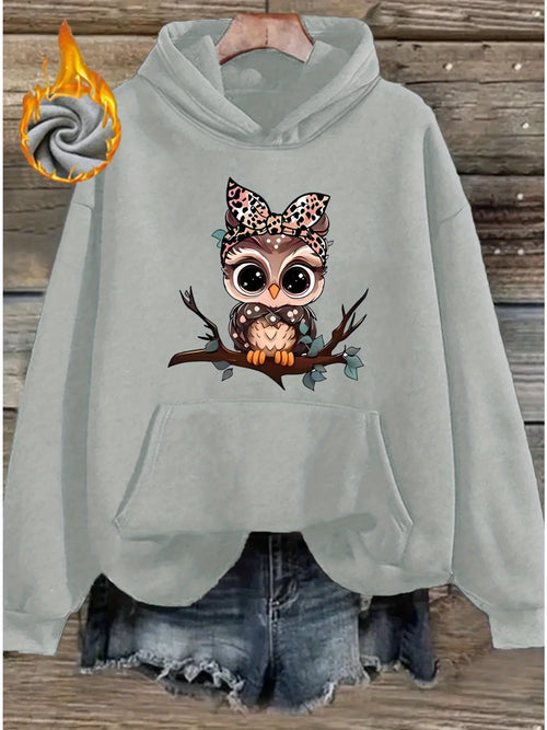 2025 Autumn and Winter Women's Cute Cartoon Owl Hoodie Comfortable Pullover Fashion Autumn and Winter Casual Sweatshirt Pattern