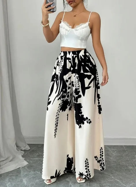 Women Black Ink Floral Print Wide Leg Pants
