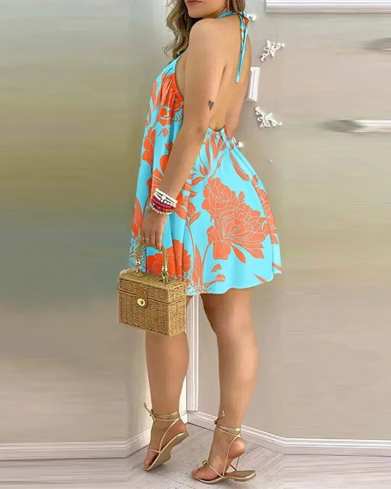 Women's 2026 Bohemian Printed Halter Strap A-line Dress, Suitable for Spring and Summer Beach Vacation Outfits.
