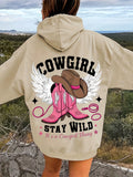 Western Chic Cowgirl Hoodie Long Sleeve Pullover Sweatshirt with Hood Embroidered Cowboy Hat and Boot Casual  Relaxed Fit